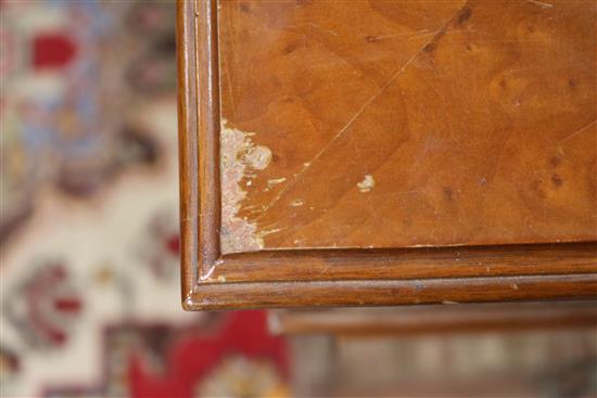 A Georgian style banded yew pedestal desk inset red/brown skiver W.152cm